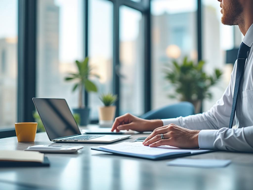 Business professional working on a laptop at a modern office desk with documents and coffee cup, surrounded by large windows and indoor plants.