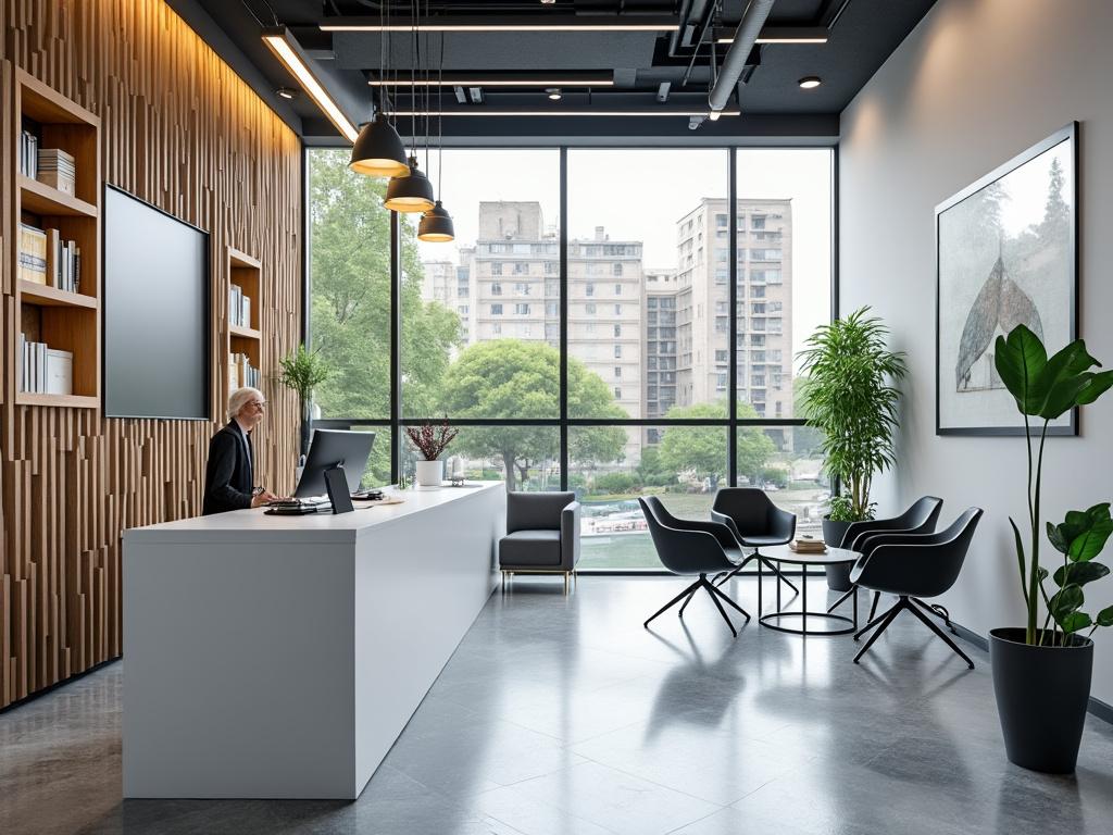 Oficina moderna con recepción, escritorios, plantas y ventanas amplias con vista a edificios urbanos.