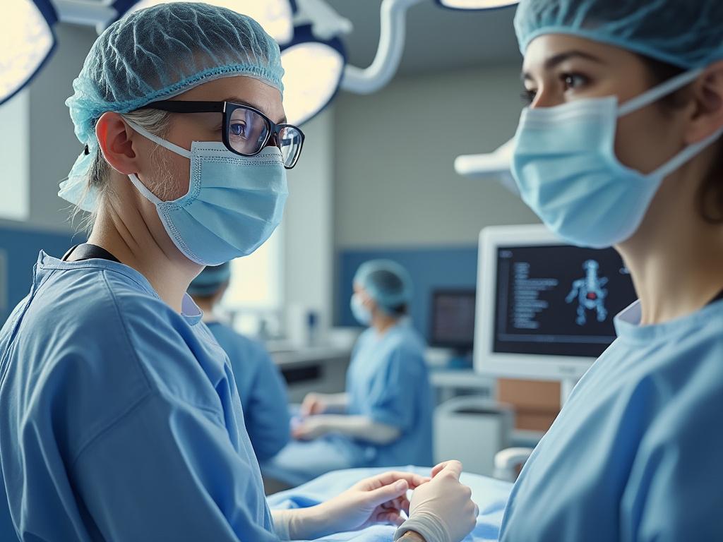 Equipo médico en quirófano con indumentaria estéril, mascarillas y monitor de soporte en segundo plano.