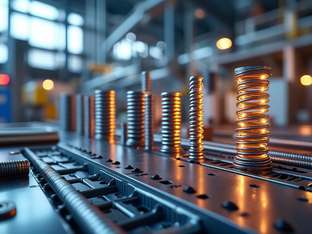 Muelles de metal iluminados en una fábrica con fondo desenfocado.