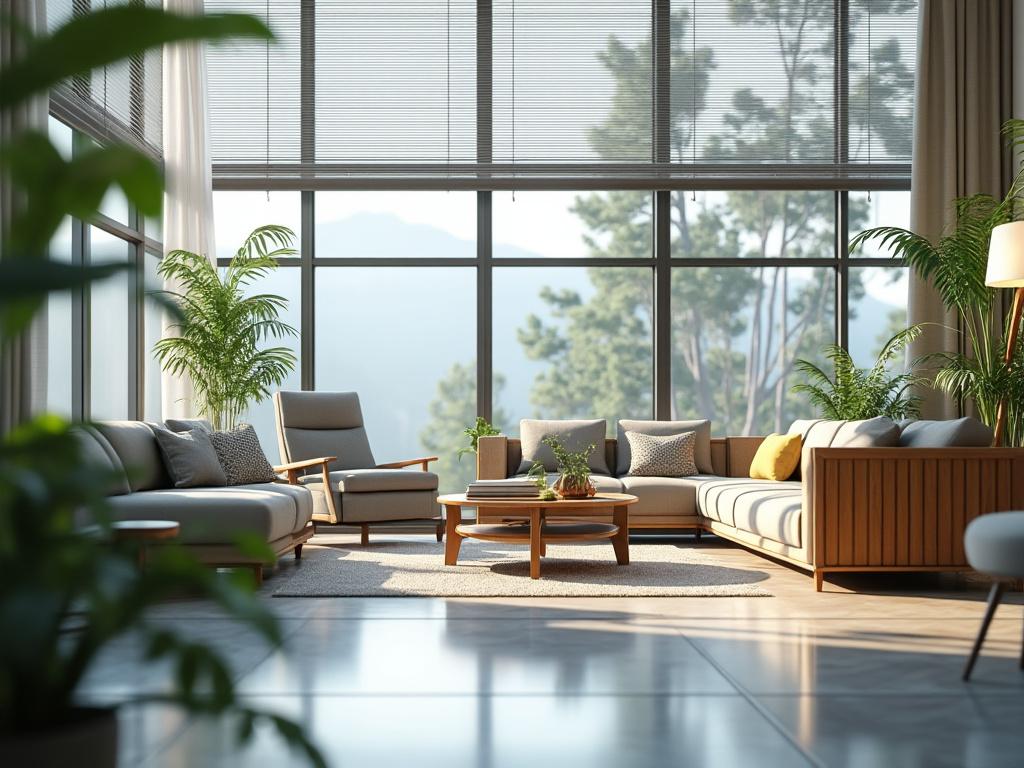 Sala de estar moderna con grandes ventanales, plantas de interior y muebles cómodos.