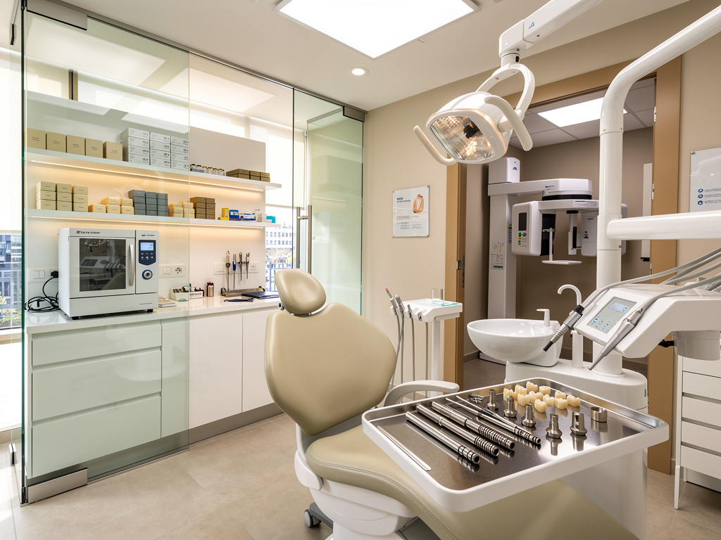 Clínica dental moderna con sillón odontológico, lámpara, instrumental y equipo de radiografía panorámica