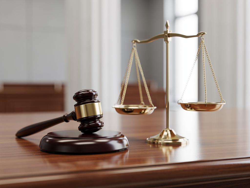 Mazo de juez y balanza de justicia sobre mesa de madera en sala de tribunal
