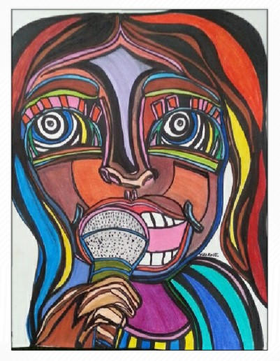 SOLD at show 2016. Title: Nightclub singer. Pen and pencil on paper. Framed. 11 x 14. 2016 All artwork copyrighted.