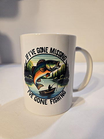 15oz ceramic mug featuring a gone missing gone fishing design