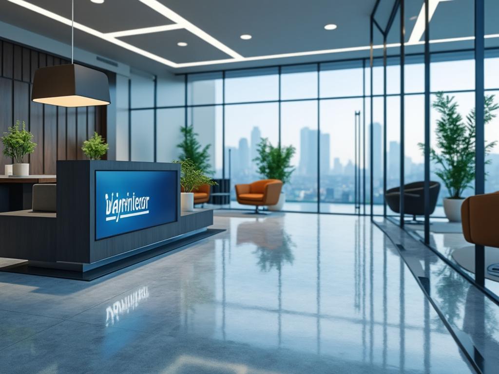 Moderna recepción de oficina con iluminación contemporánea, sofás coloridos y plantas, con vista panorámica a la ciudad a través de ventanas de cristal. Moderna recepción de oficina con iluminación contemporánea, sofás coloridos y plantas, con vista panorámica a la ciudad a través de ventanas de cristal.