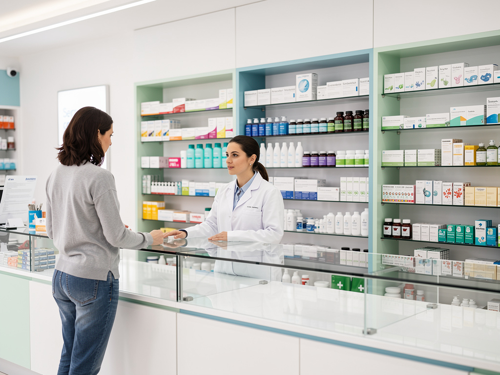 Farmacéutica atendiendo a una clienta en una farmacia moderna con estantes de medicamentos y productos de salud