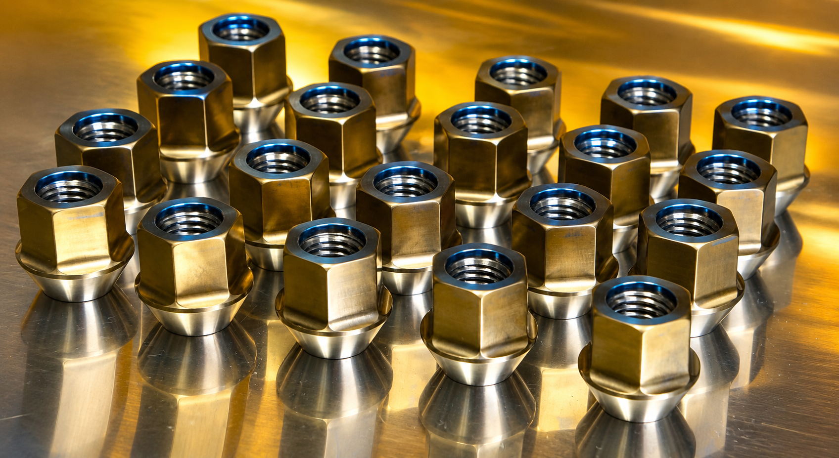 Colorful titanium lug nuts and wheel bolts displayed in front of a car alloy wheel