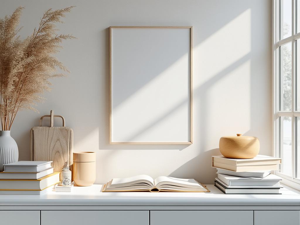 Mesa con libros, jarrones decorativos, cuadro en blanco en la pared y luz natural entrando por la ventana.