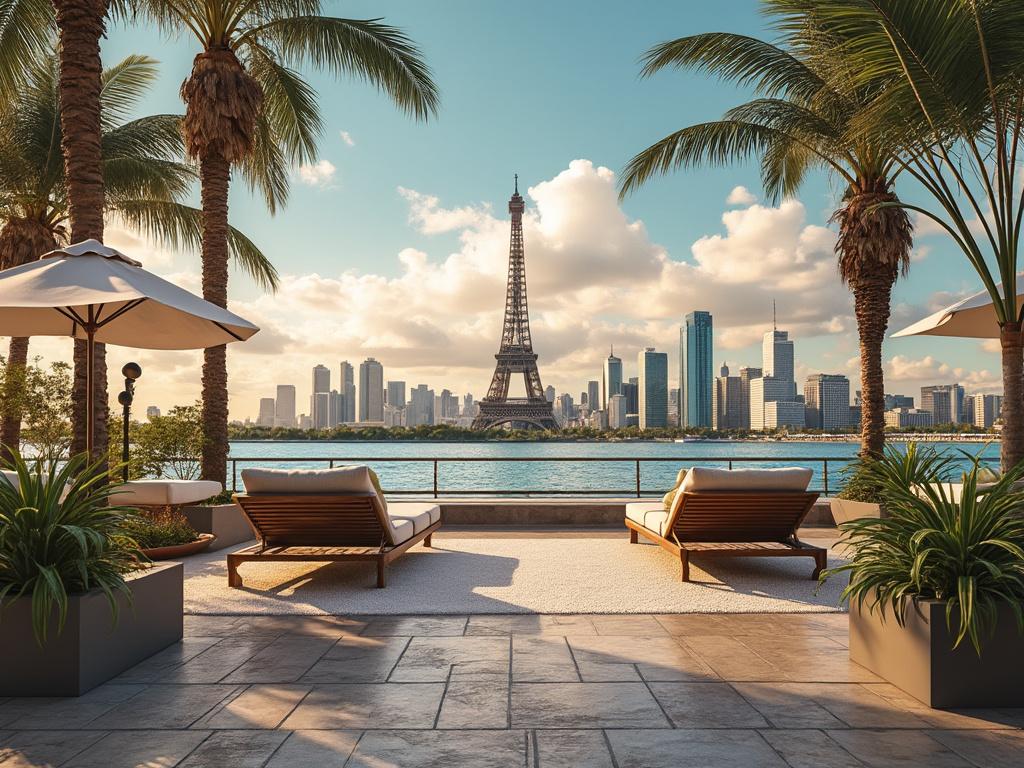 Vista panorámica de la Torre Eiffel desde una terraza con palmeras y tumbonas frente al mar, con un skyline moderno al fondo bajo un cielo azul con nubes.