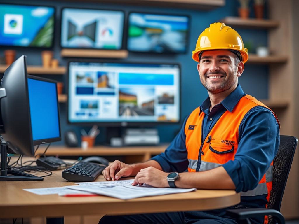 Smiling construction worker at desk with computer monitors in modern office setting.