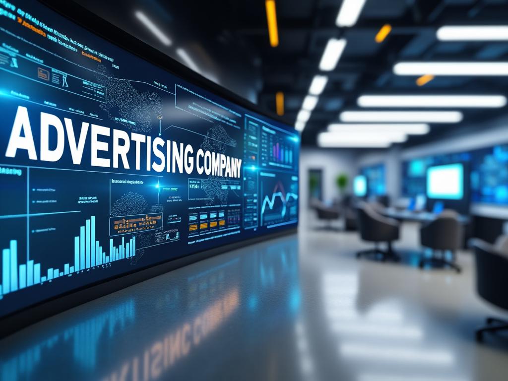 Pantalla digital con gráficos y estadísticas en la oficina de una empresa de publicidad moderna.