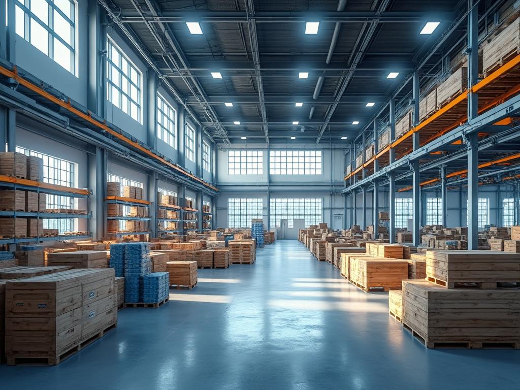 Interior de un almacén moderno con cajas de madera y estanterías organizadas.