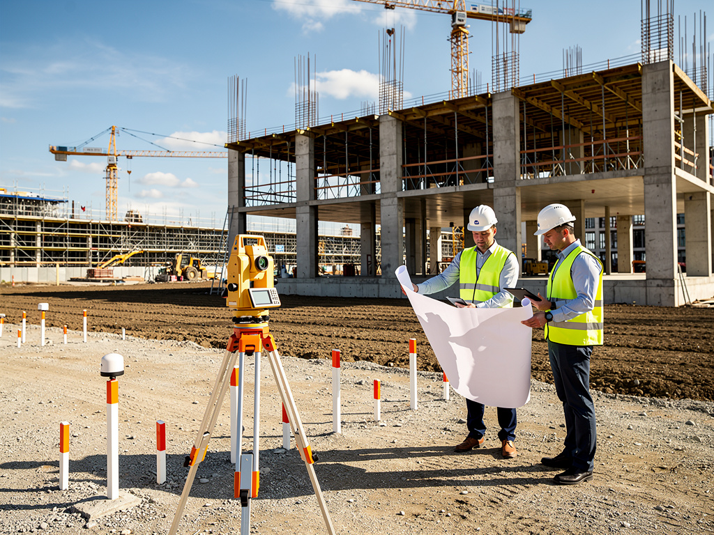 Ingenieros con planos y equipo topográfico en obra de construcción con grúas y estructura de hormigón