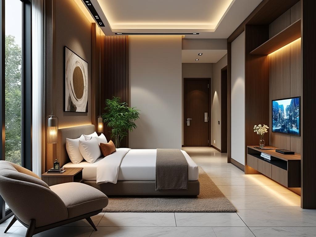 Habitación moderna y elegante con cama matrimonial, sillón, gran ventana, televisión y decoración contemporánea.