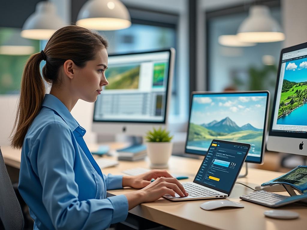 Mujer trabajando en oficina con portátil y múltiples monitores mostrando diseño web y paisajes digitales