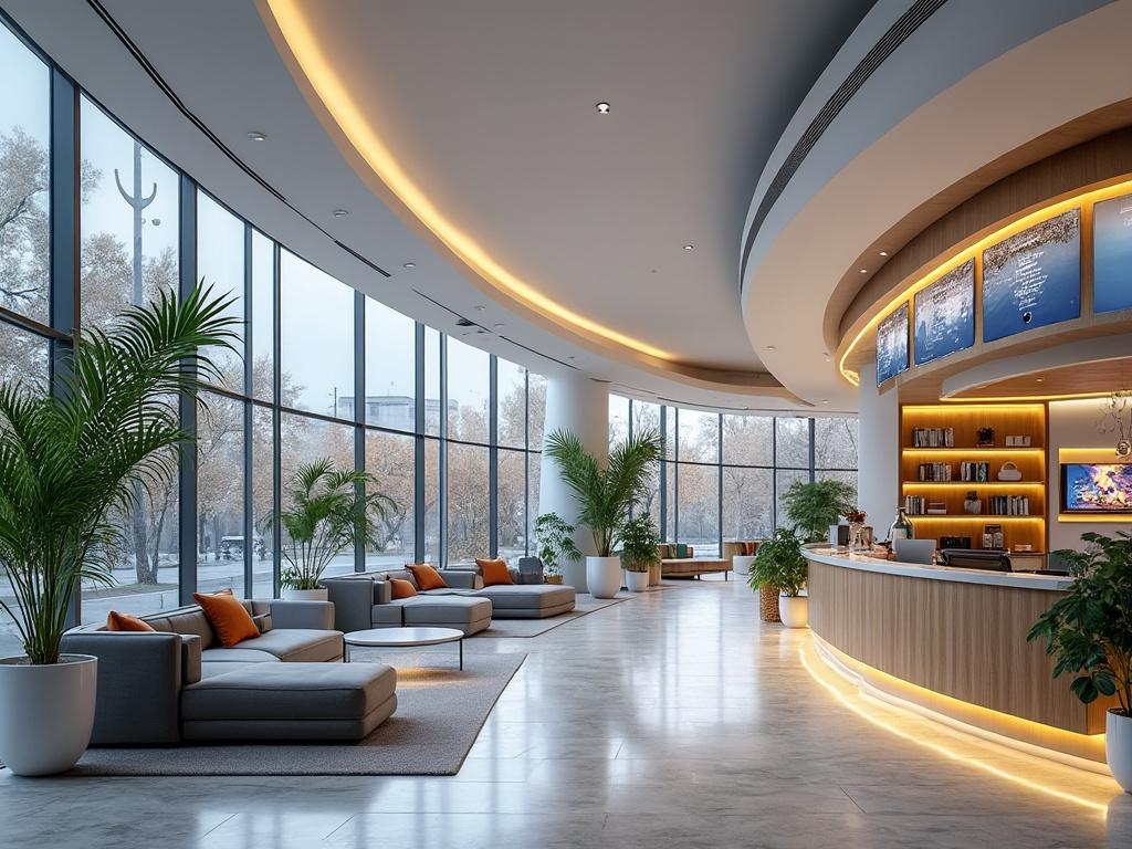 Moderno vestíbulo de hotel con grandes ventanales, sofás grises con cojines naranja, plantas decorativas, y mostrador curvo iluminado.