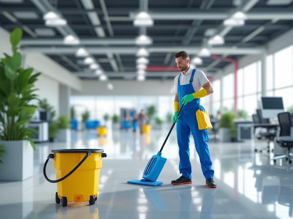 Empleado de limpieza con uniforme azul y guantes verdes fregando el suelo de una oficina moderna y luminosa, con un cubo amarillo cercano.