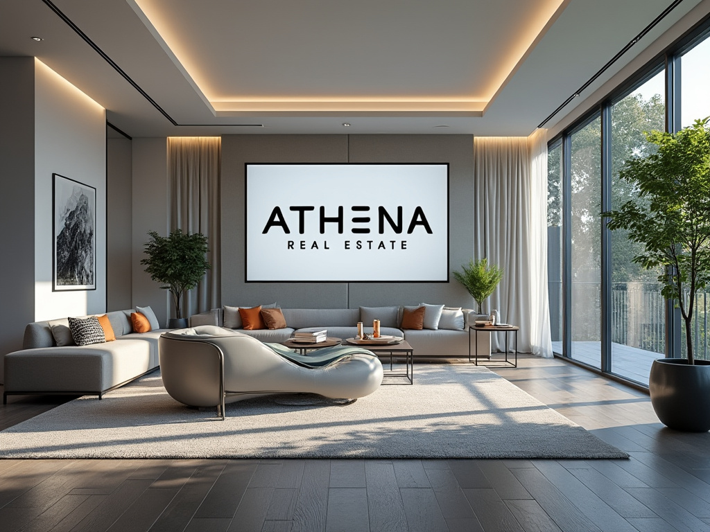 Moderno salón con decoración elegante, sofá curvado, mesa de centro, plantas, grandes ventanales y cartel de 'Athena Real Estate' en la pared.