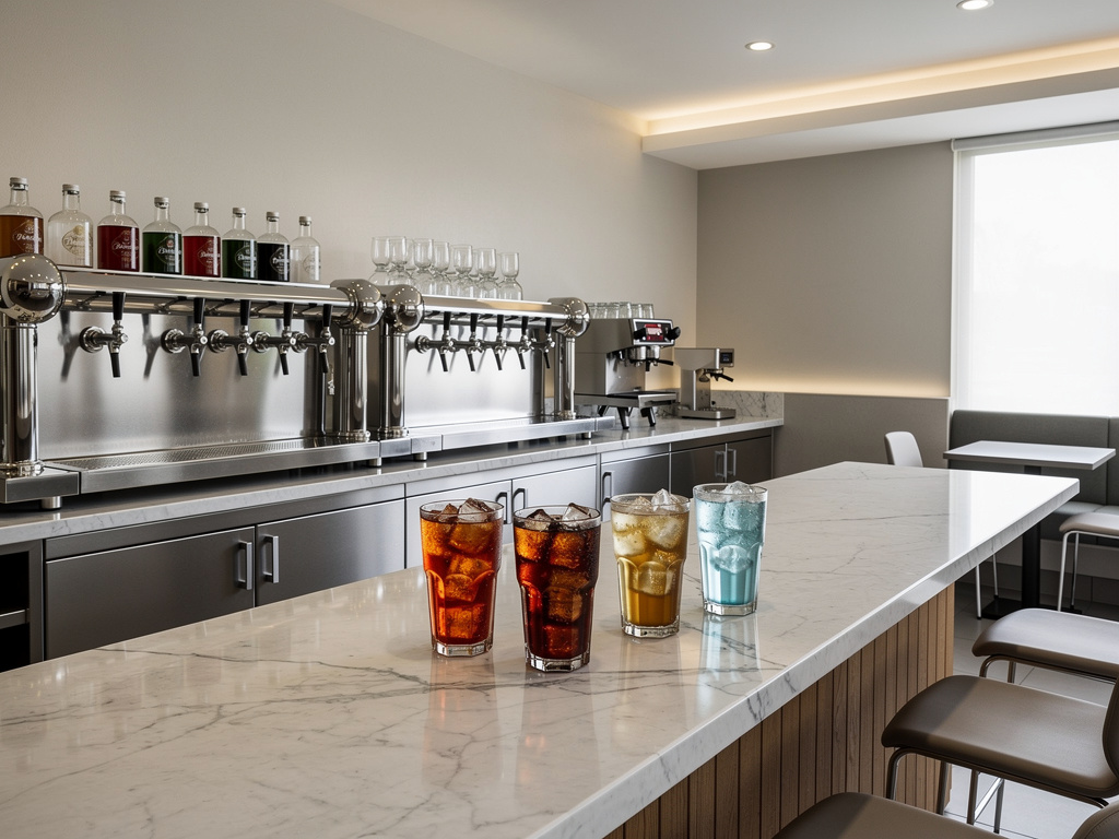 Bar moderno con grifos de cerveza, botellas y cuatro bebidas con hielo sobre barra de mármol