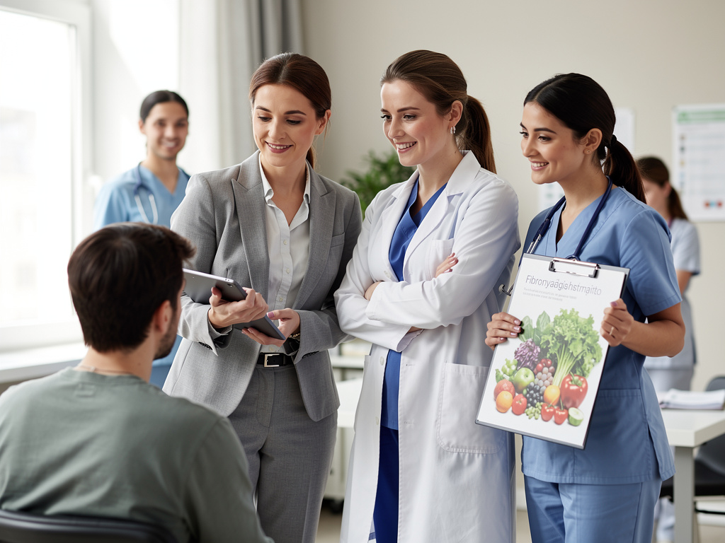Equipo médico y nutricionista asesorando a paciente en consulta con folleto de alimentación saludable
