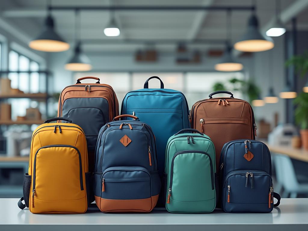 Varios mochilas de diferentes colores y tamaños en una mesa dentro de una oficina moderna.