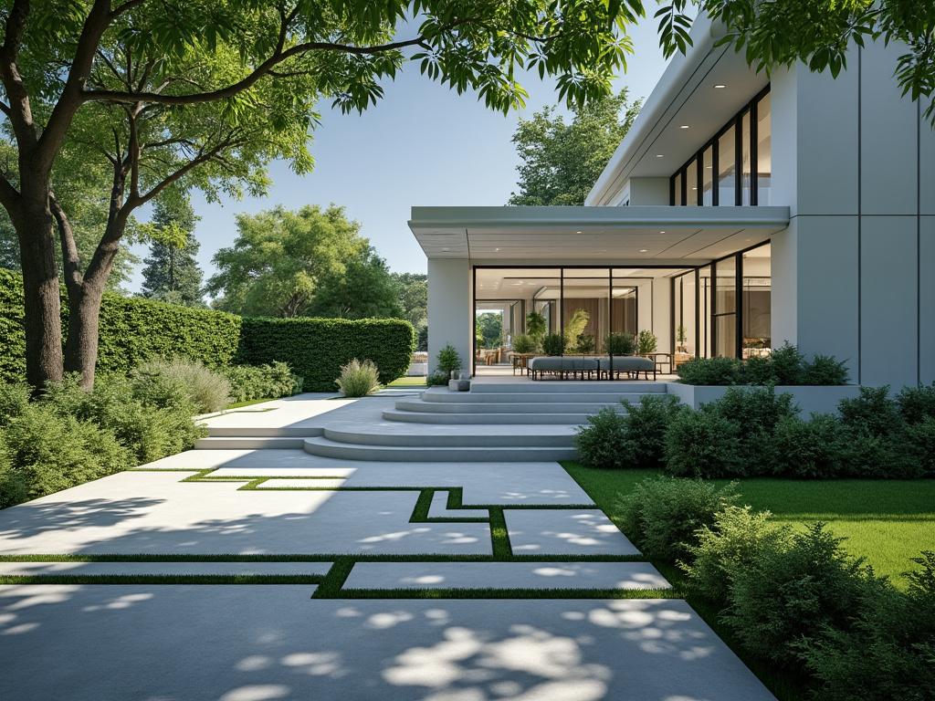 Fachada moderna de una casa rodeada de un jardín con árboles y setos, con camino de piedra hacia la entrada.