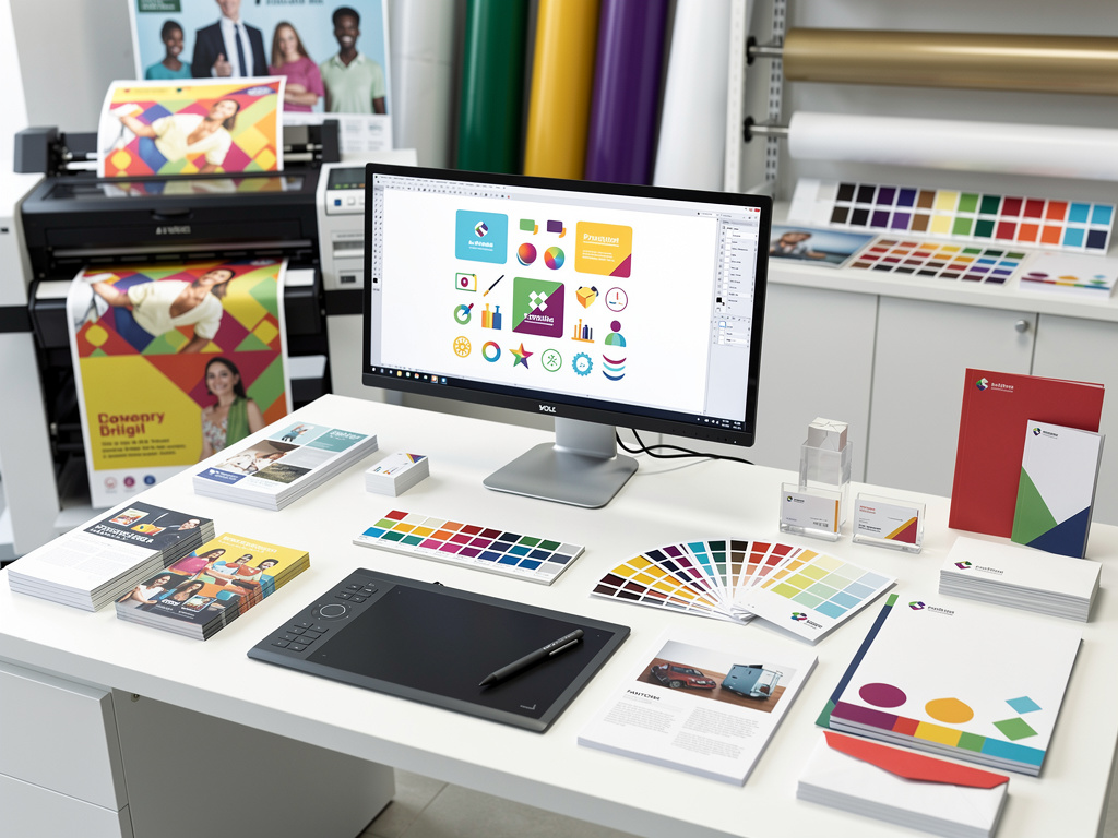 Estudio de diseño gráfico e impresión con monitor, paletas de colores, tableta digital y materiales de branding