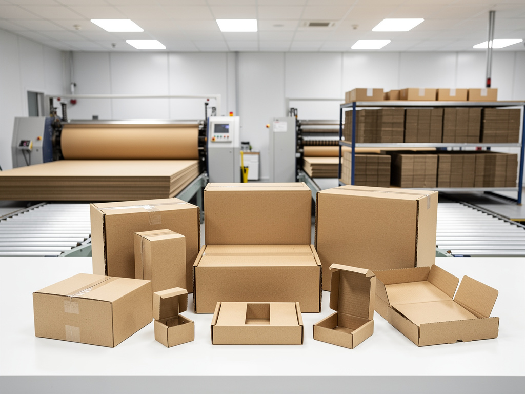 Cajas de cartón para embalaje en fábrica con maquinaria de producción y estanterías de cartón