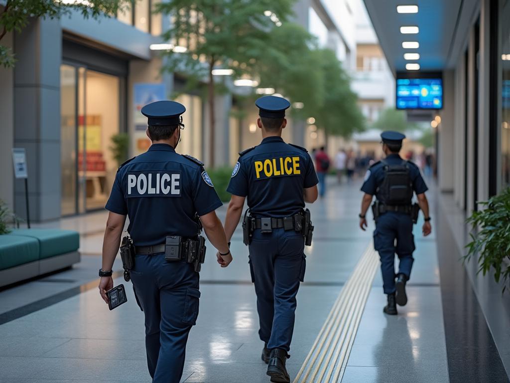 Policías patrullando en un centro comercial iluminado con plantas y pantallas digitales.