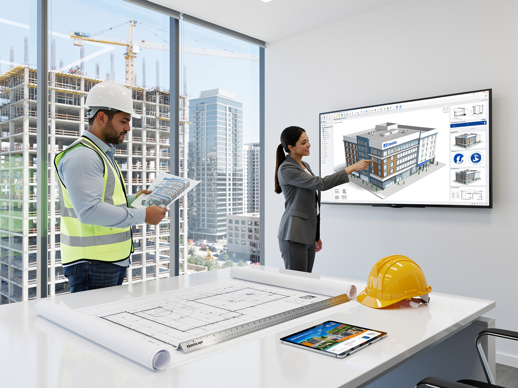 Arquitectos revisando planos y modelo BIM en oficina moderna con obra en construcción al fondo
