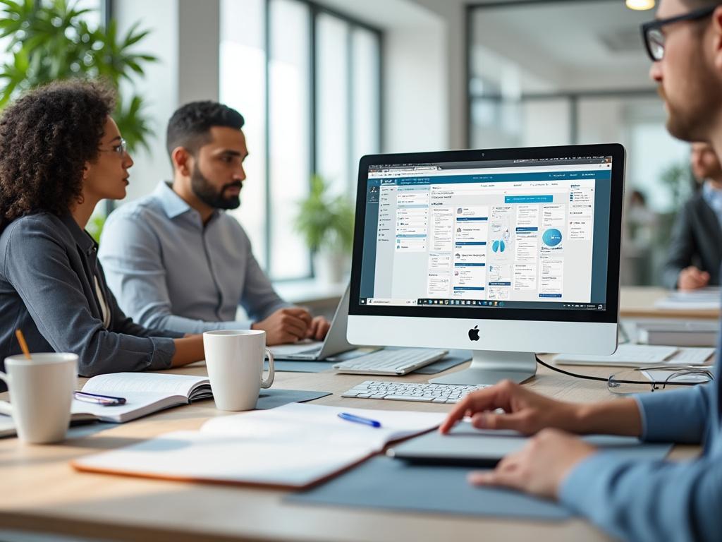 Grupo de personas en una reunión de oficina con computadora y documentos.