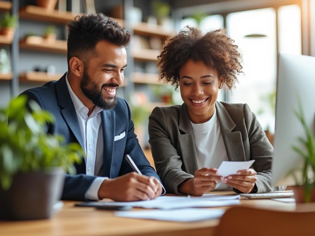 Smiling business colleagues collaborating at a desk with a computer and paperwork in a modern office setting.