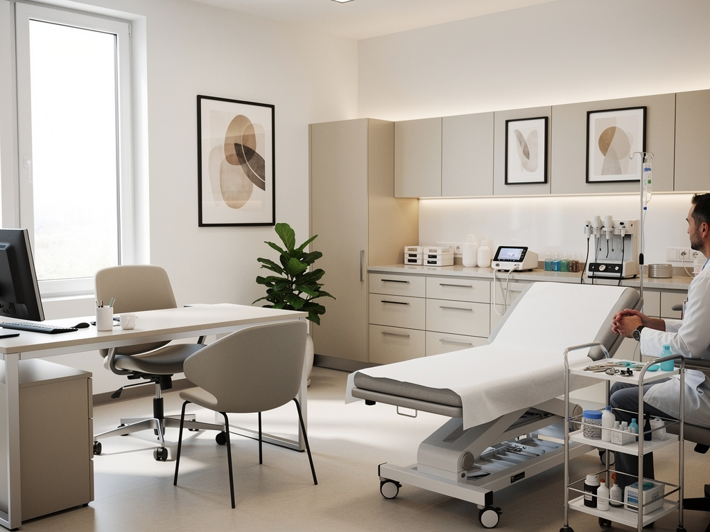 Consulta médica moderna con camilla, escritorio, equipo clínico y médico en un consultorio luminoso
