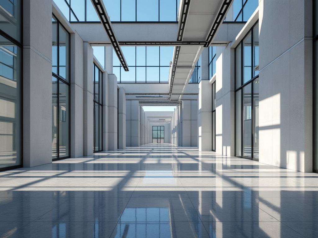 Pasillo moderno con amplias ventanas y techos altos, iluminación natural.