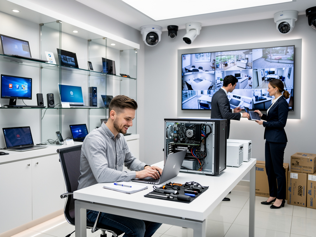 Tienda de tecnología con reparación de computadoras, cámaras de seguridad CCTV y equipos informáticos en exhibición