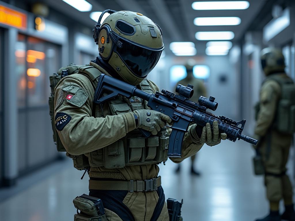Tactical soldier in full gear holding a rifle in a corridor.