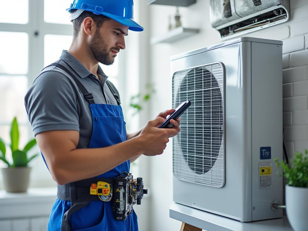 Técnico de mantenimiento revisando aire acondicionado con herramienta digital, usando casco azul y uniforme.