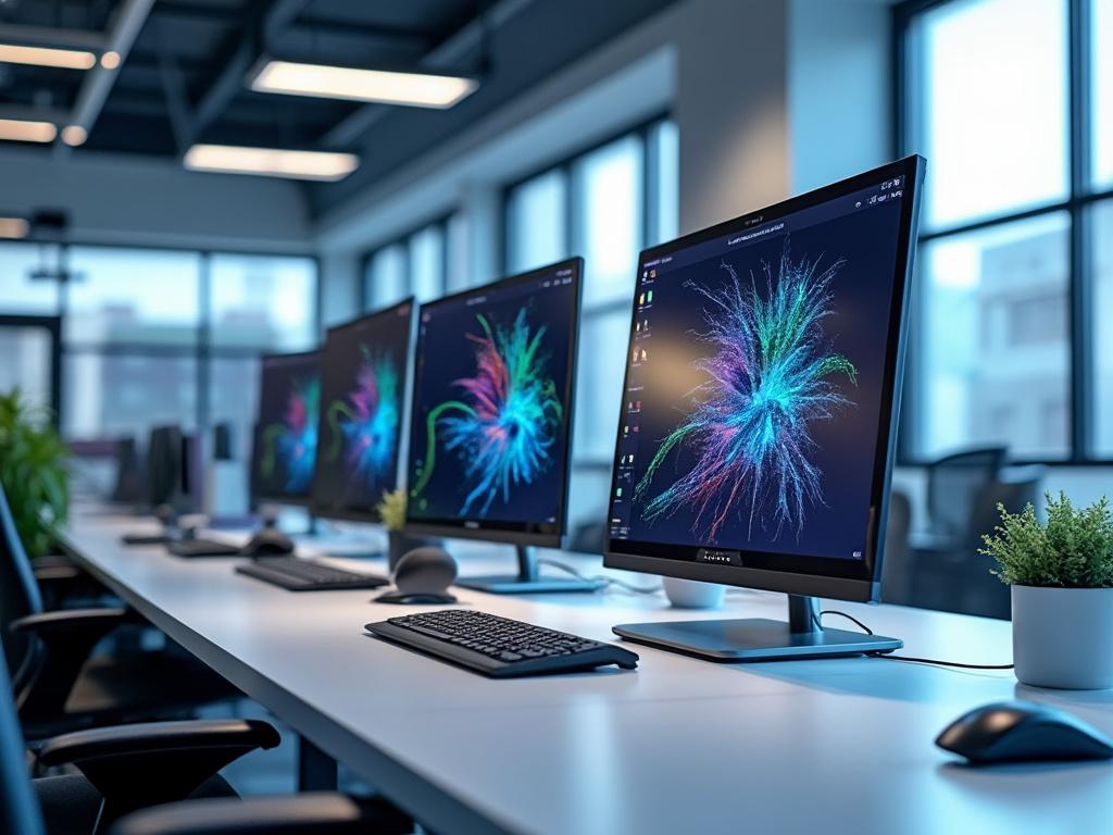 Oficina moderna con ordenadores de escritorio y monitores mostrando gráficos coloridos, plantas sobre el escritorio y ventanas grandes en el fondo.