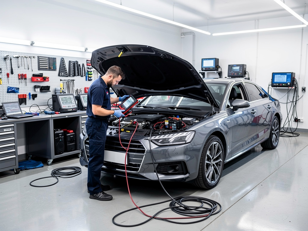 Mecánico realizando diagnóstico electrónico a un coche gris con el capó abierto en un taller automotriz moderno Mecánico realizando diagnóstico electrónico a un coche gris con el capó abierto en un taller automotriz moderno