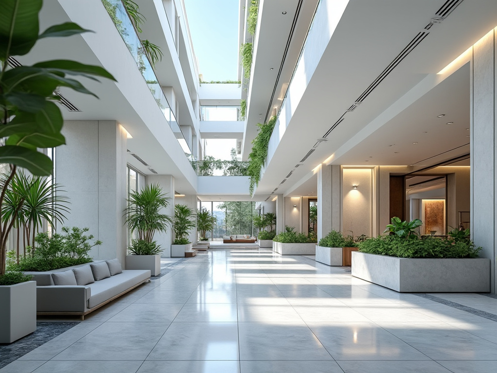 Moderno vestíbulo de hotel con diseño minimalista, plantas tropicales y luz natural.