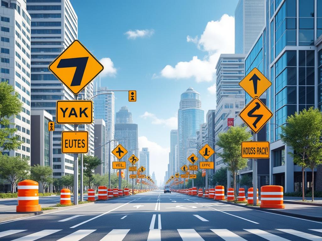 City street lined with numerous orange traffic cones and various road signs, surrounded by tall modern buildings under a clear blue sky. City street lined with numerous orange traffic cones and various road signs, surrounded by tall modern buildings under a clear blue sky.