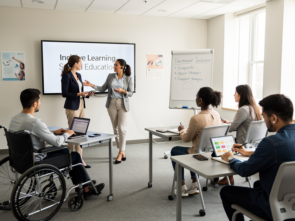 Aula de aprendizaje inclusivo con profesores y estudiantes diversos, incluyendo alumno en silla de ruedas, usando tecnología educativa