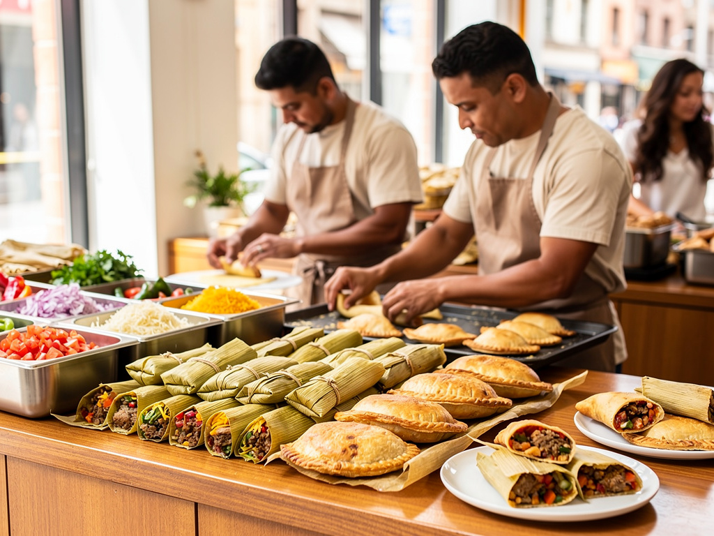 Cocineros preparando empanadas y tamales con ingredientes frescos en cocina de restaurante latino