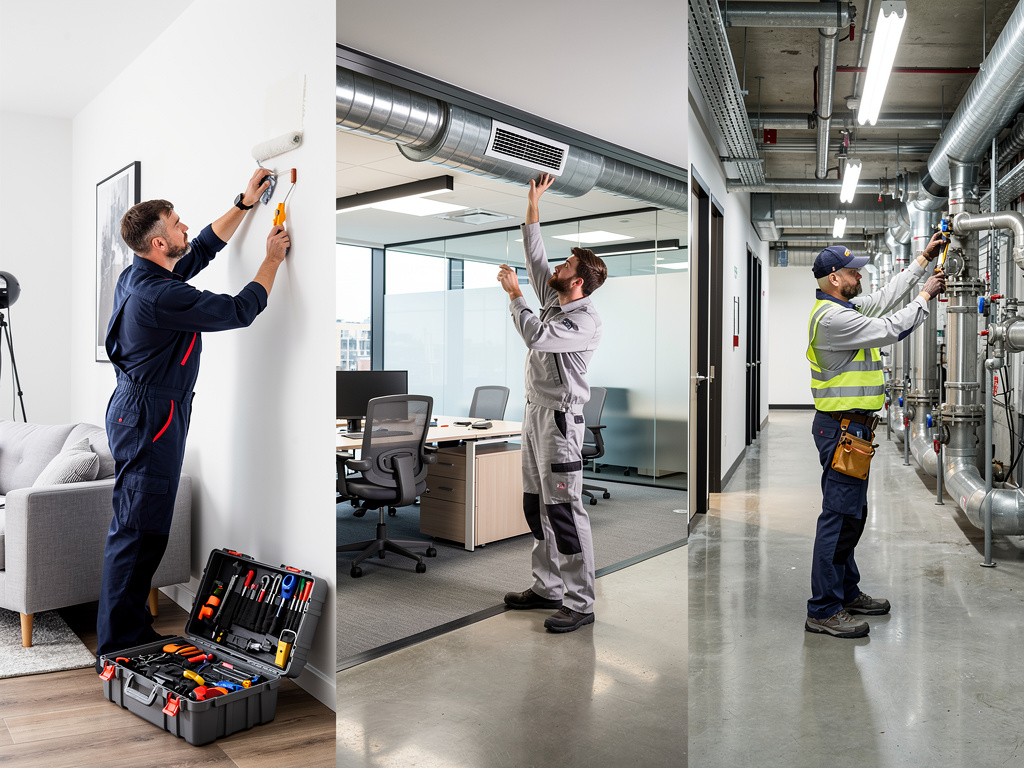 Técnicos profesionales realizando mantenimiento de pintura, aire acondicionado y tuberías industriales en hogar y oficinas