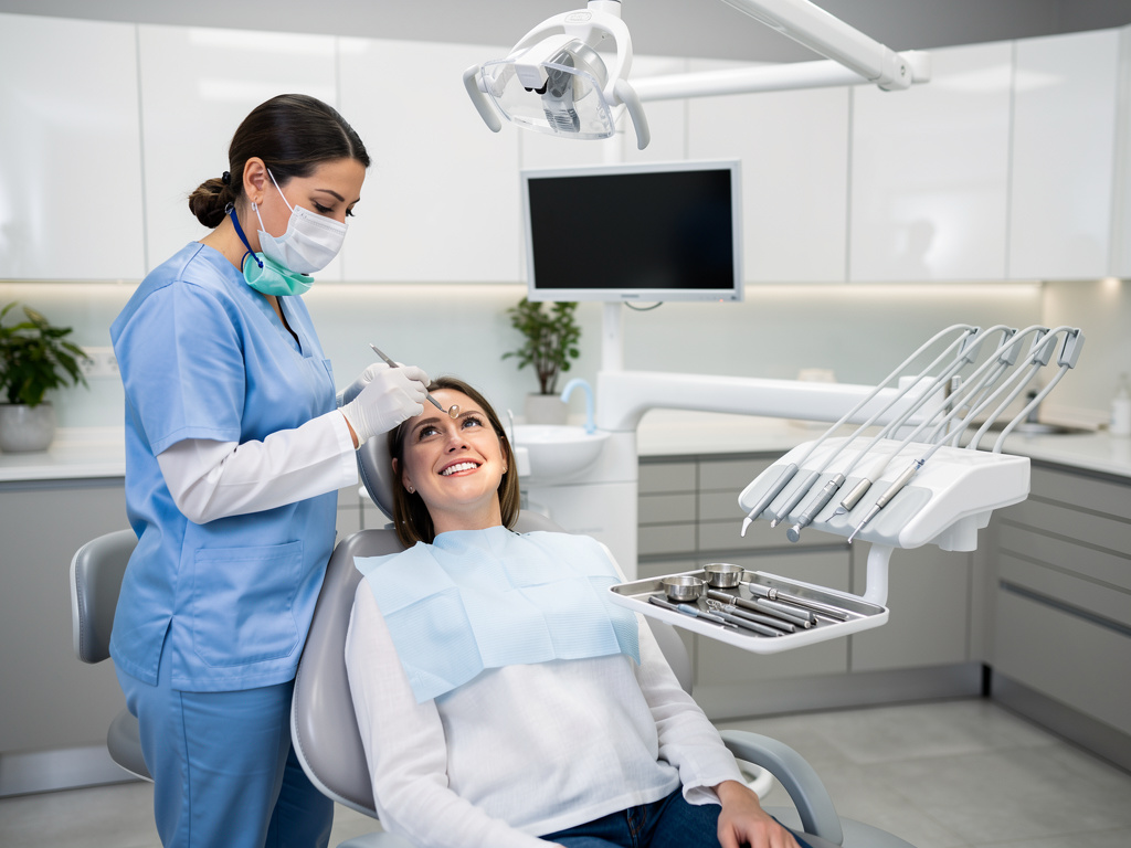 Dentista atendiendo a paciente sonriente en clínica dental moderna con instrumental odontológico