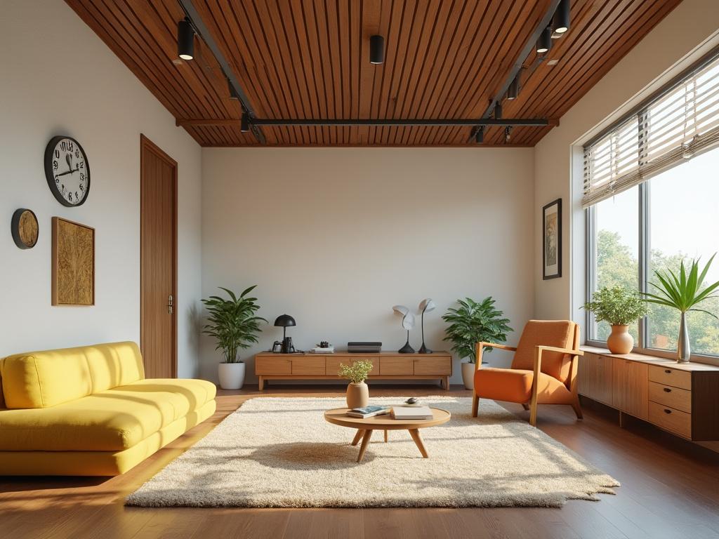 Sala de estar moderna con sofá amarillo, sillón naranja, mesa de centro redonda, plantas decorativas y ventana amplia con luz natural.
