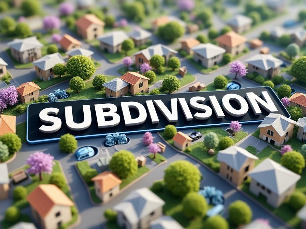 Vista aérea de un barrio residencial con casas modernas y jardines, resaltado por el texto 'SUBDIVISION' en letras grandes.