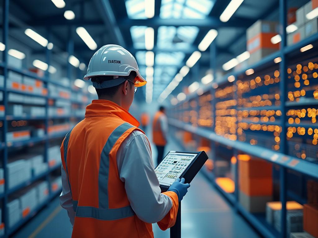 Trabajador con chaleco naranja usando una tableta digital en un almacén iluminado, rodeado de estanterías con cajas.