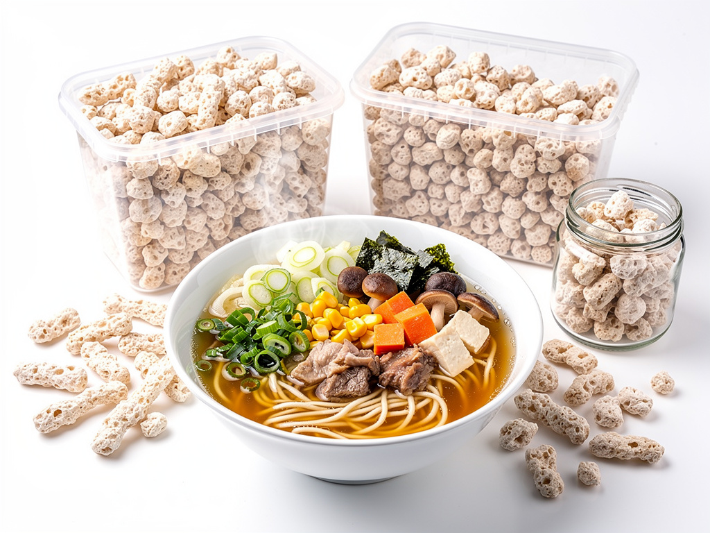 Bowl of ramen with vegetables, tofu, beef, mushrooms, seaweed and corn, surrounded by containers of textured soy protein snacks